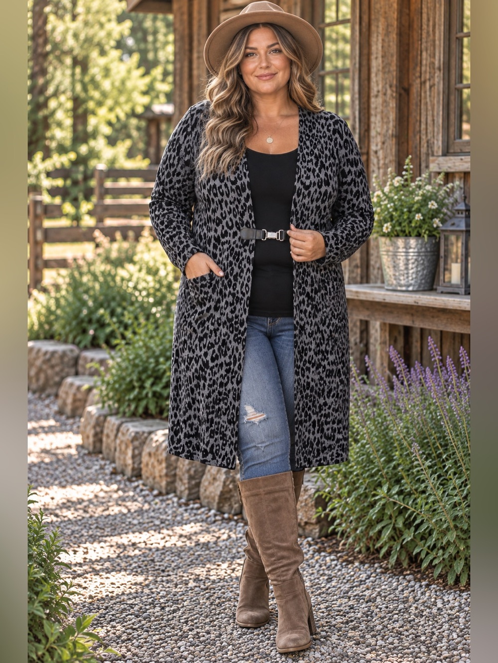 Charter Club  | Plus Size 1X | Black Gray Leopard Long Knee Cardigan Sweater
